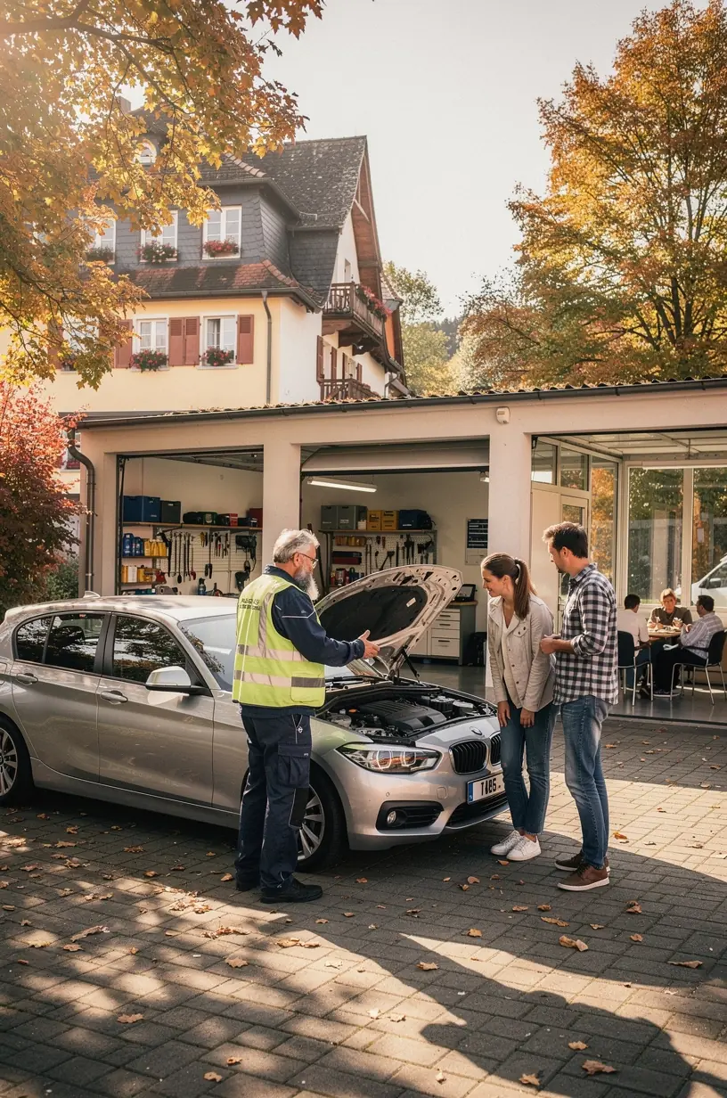 Moderne Werkstatt mit Fahrzeug auf Hebebühne, Techniker führt Wartungsarbeiten zur Vorbereitung auf die Kfz-Hauptuntersuchung durch.