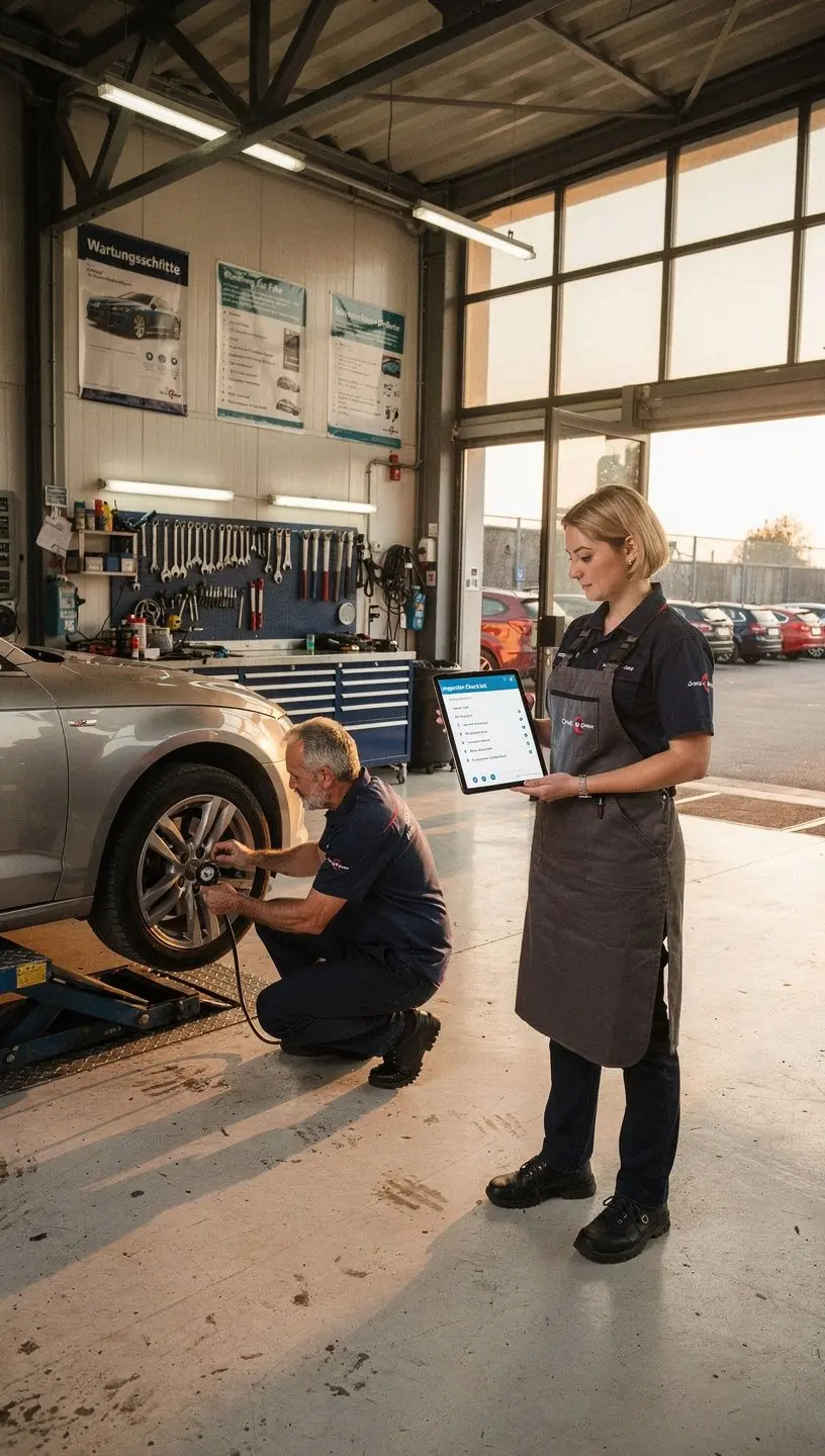 Fahrer erhält detaillierte Beratung und schriftliche Checkliste zur optimalen Vorbereitung seines Autos auf die TÜV-Prüfung.